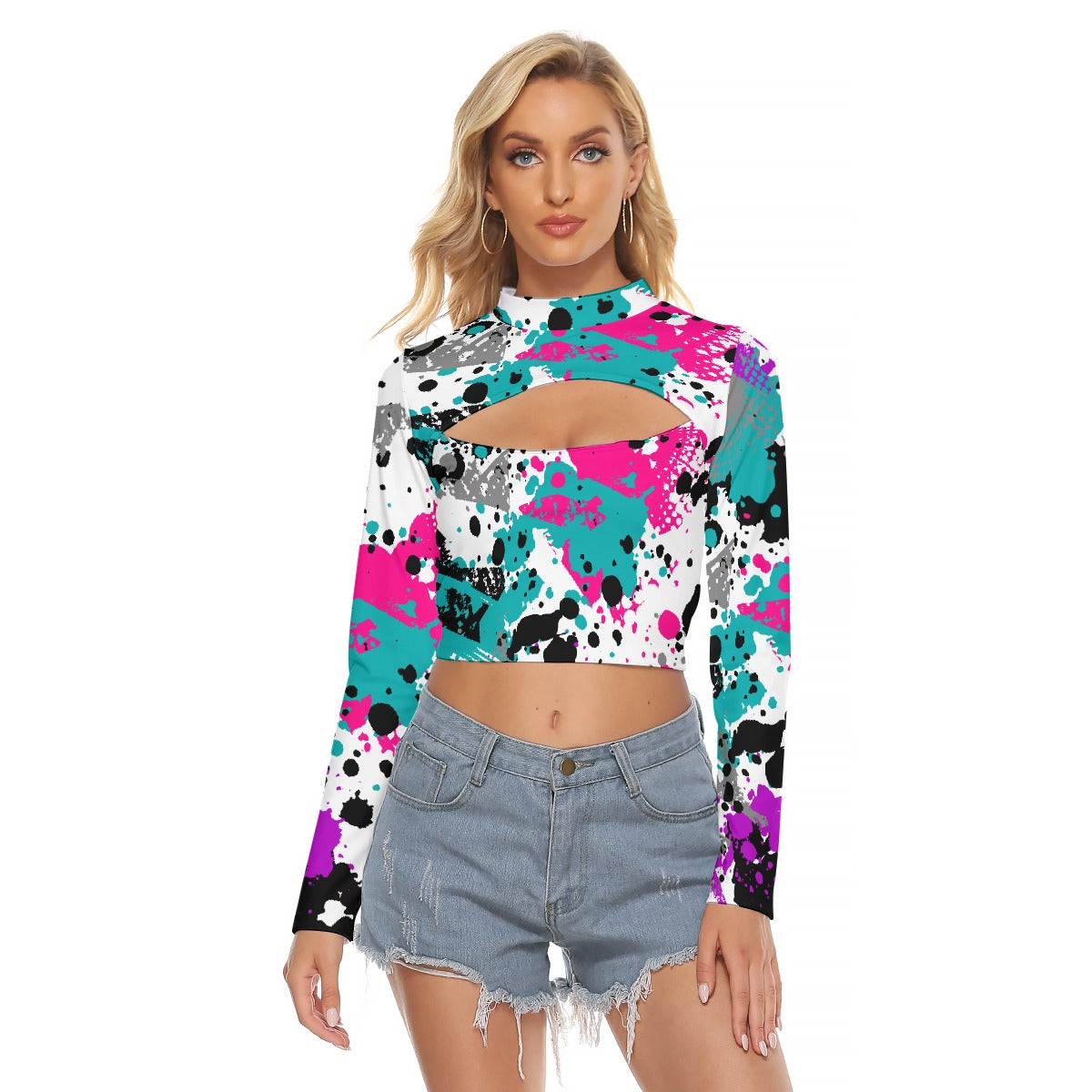 All-Over Print Women's Hollow Chest Keyhole Tight Crop Top