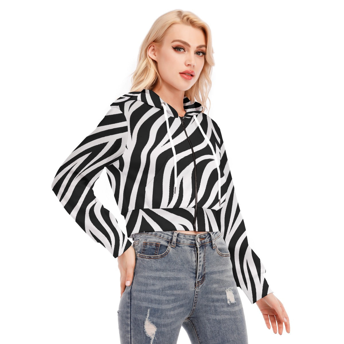 All-Over Print Women's Crop Top Hoodie With Zipper Closure
