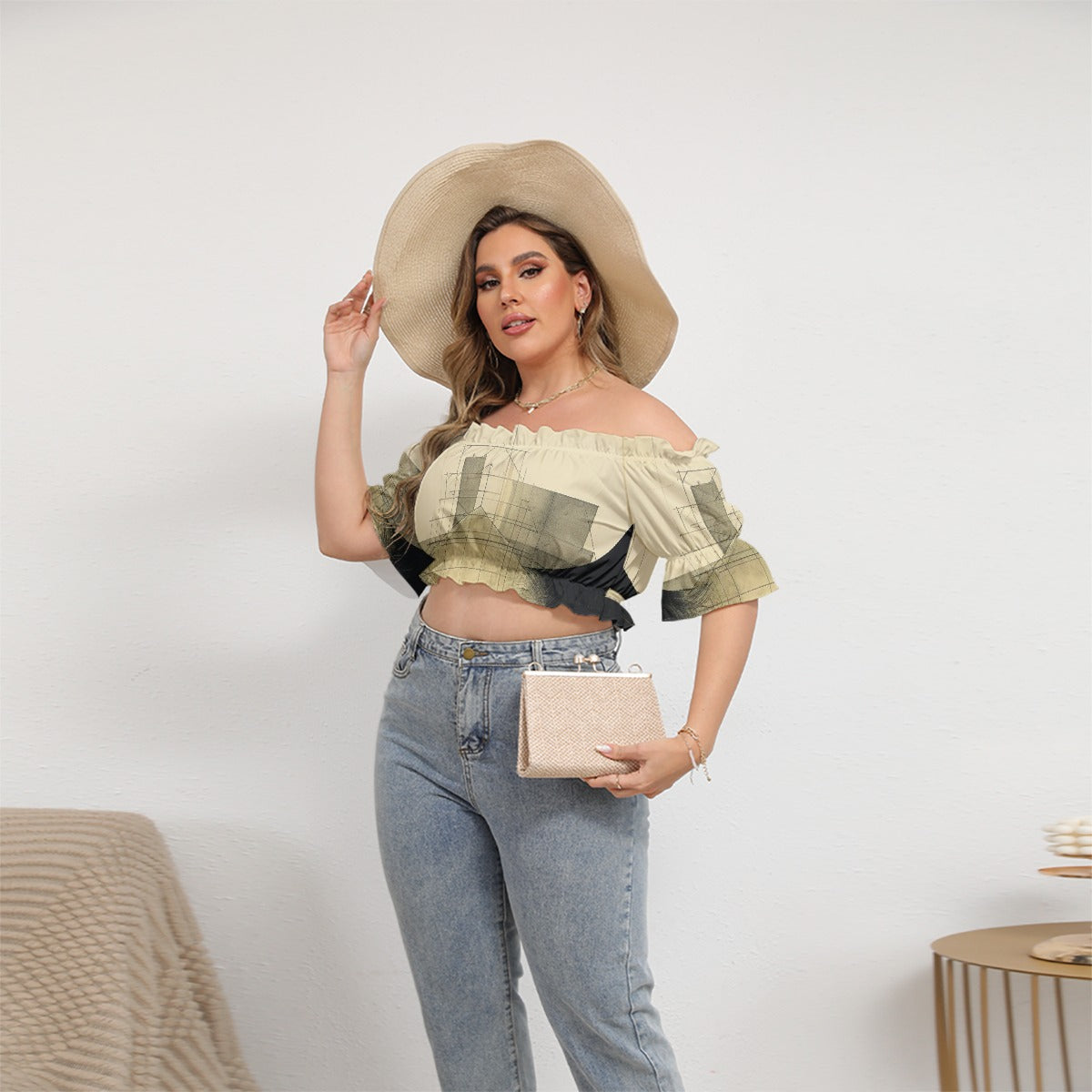All-Over Print Women's Off-shoulder Cropped Top With Short Puff Sleeve