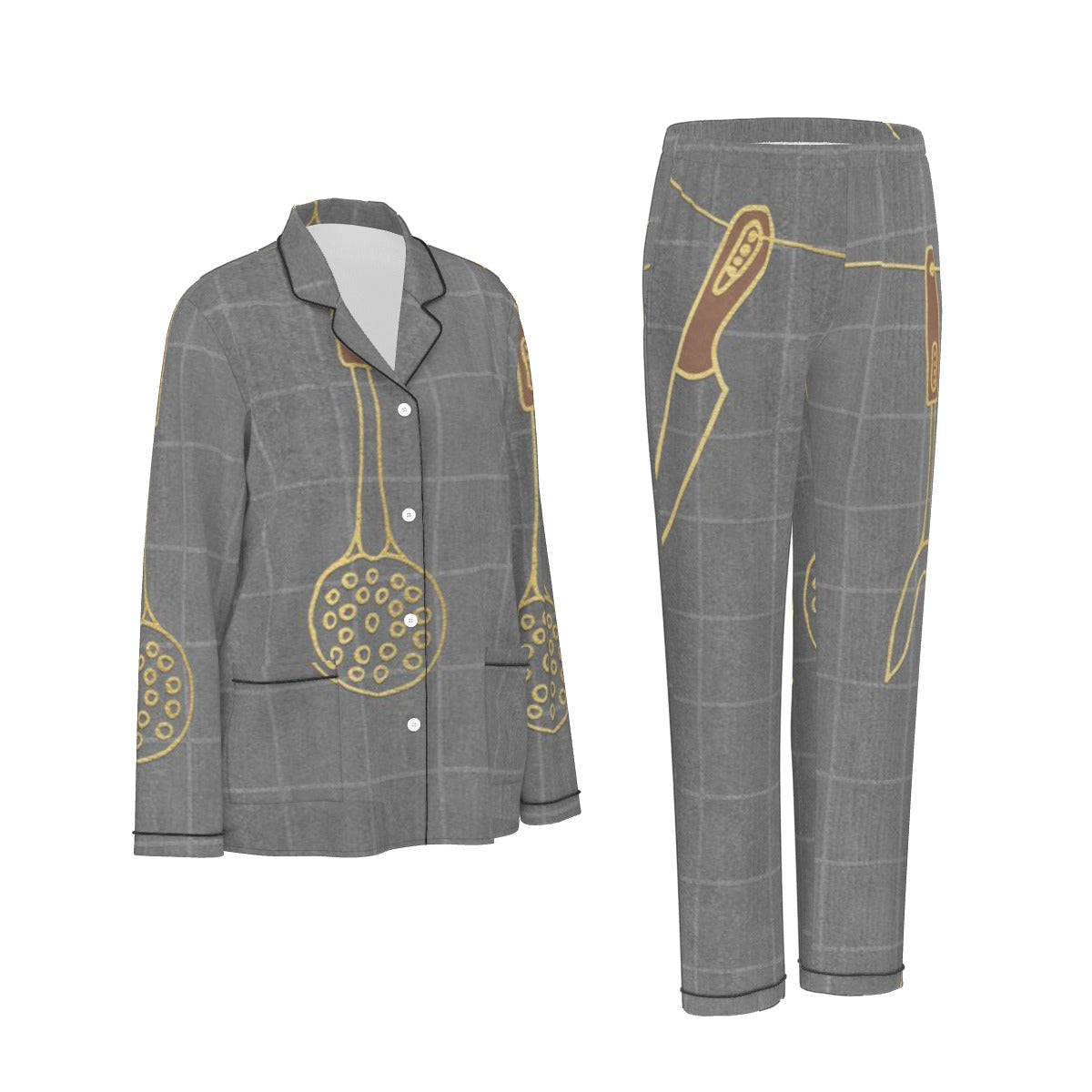 All-Over Print Women's Long Sleeve Pajama Set With Black Contrast Piping