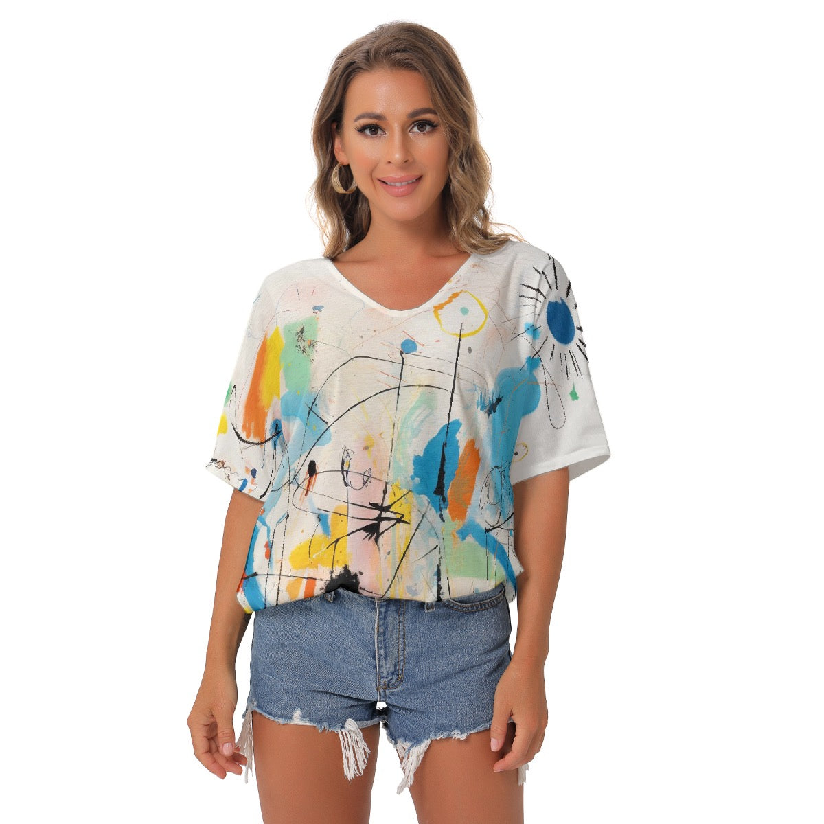 All-Over Print Women's Bat Sleeves V-Neck Blouse