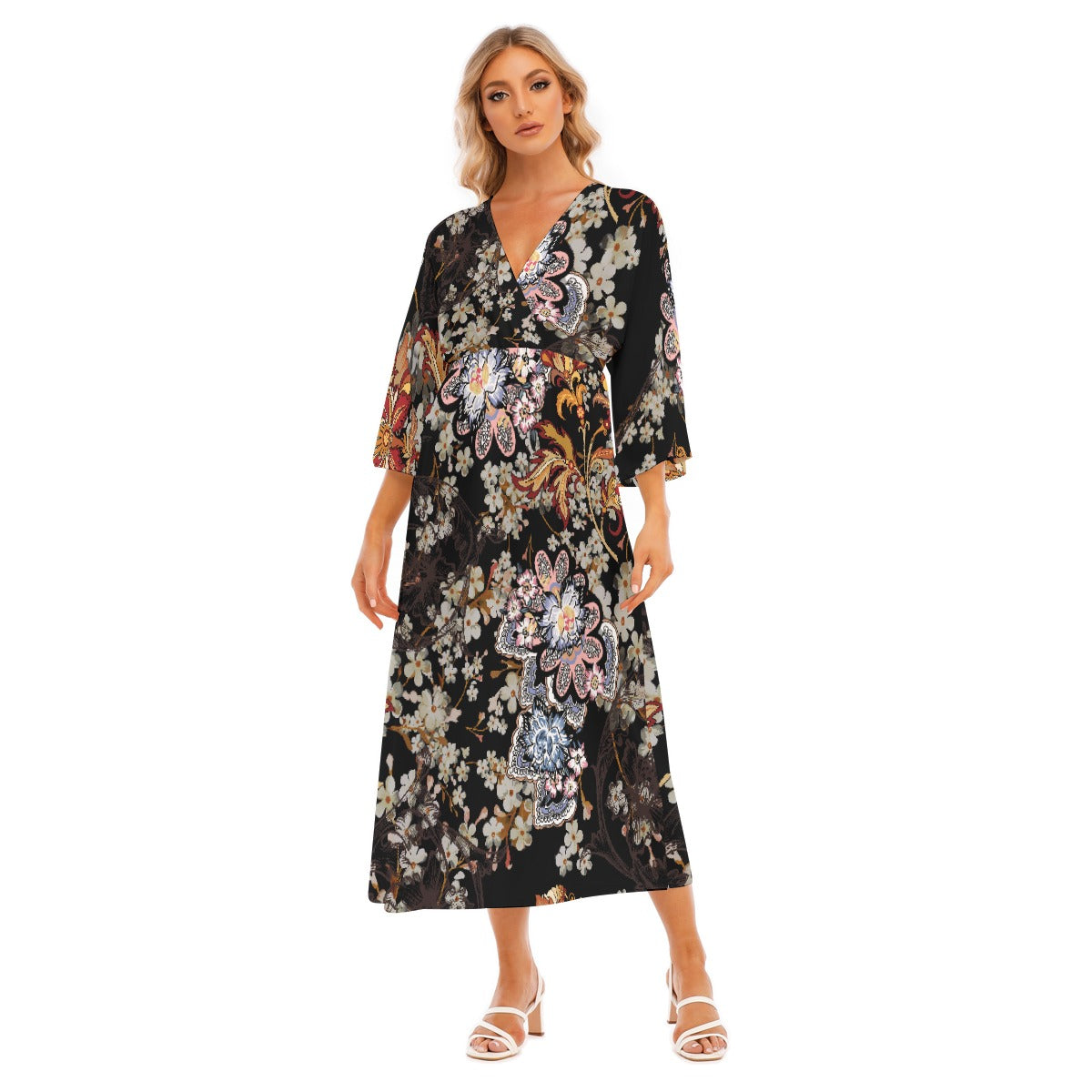 All-Over Print Women's Mid-Sleeve Long Dress