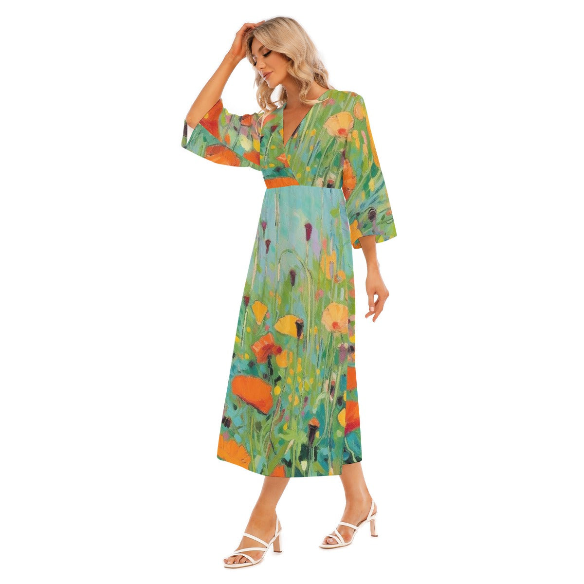 All-Over Print Women's Mid-Sleeve Long Dress