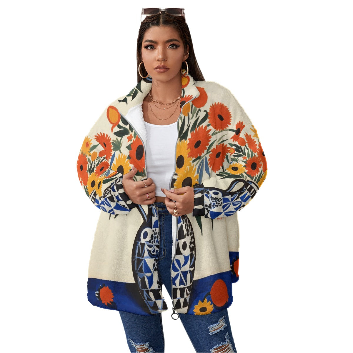 All-Over Print Unisex Borg Fleece Stand-up Collar Coat With Zipper Closure(Plus Size)