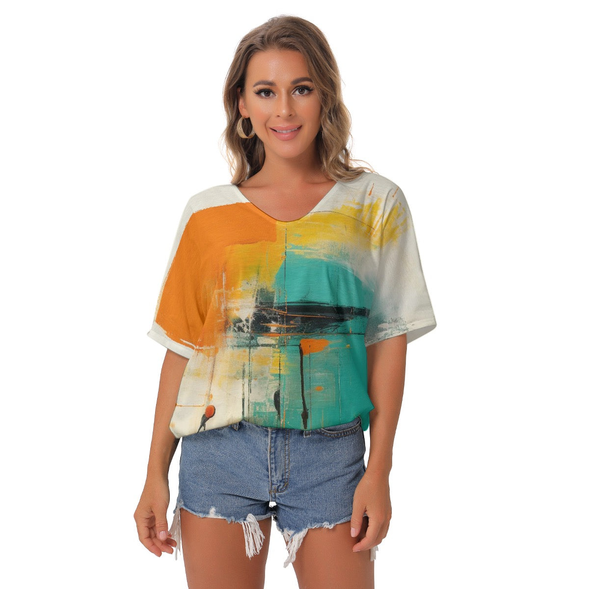 All-Over Print Women's Bat Sleeves V-Neck Blouse