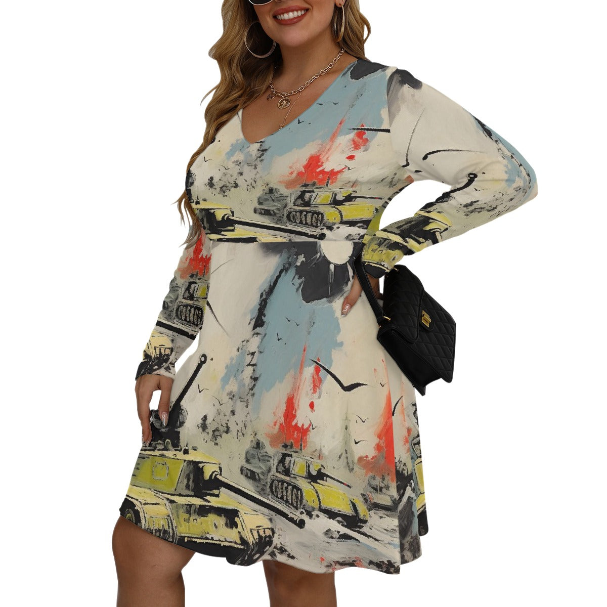 All-Over Print Women's V-neck Long Sleeve Dress(Plus Size)