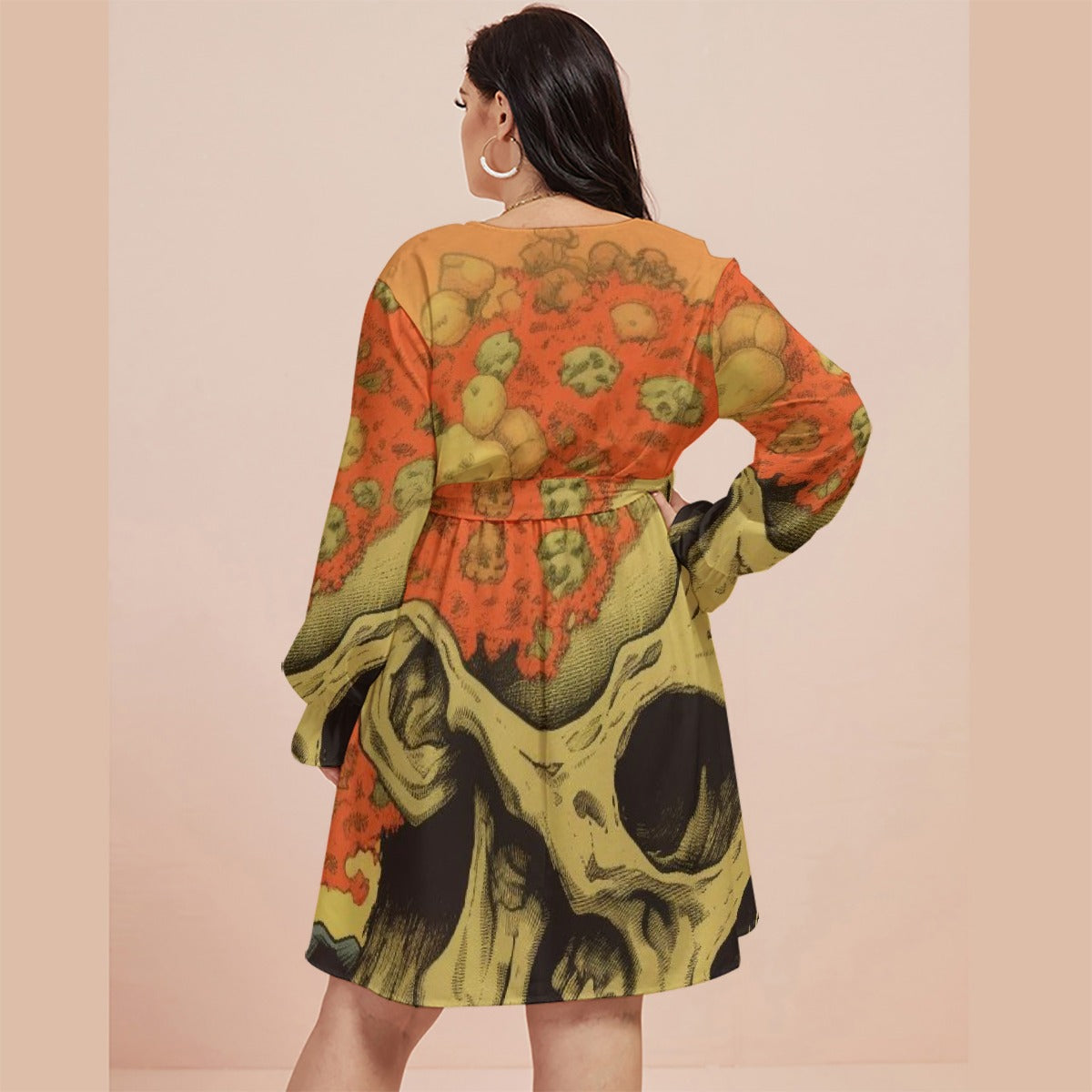 All-Over Print Women's V-neck Dress With Waistband(Plus Size)