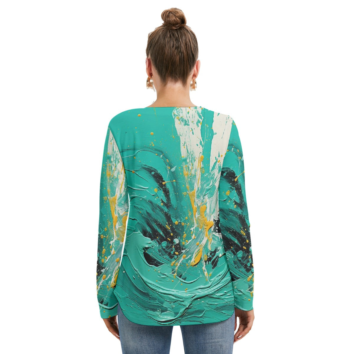 All-Over Print Women's Long Sleeve Neckline Tie Sweatshirt