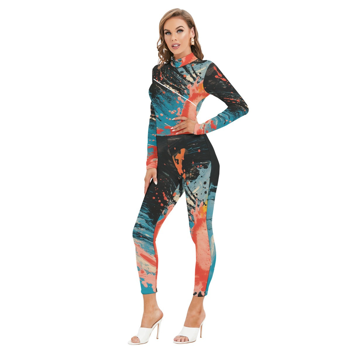 All-Over Print Women's Long-sleeved High-neck Jumpsuit With Zipper