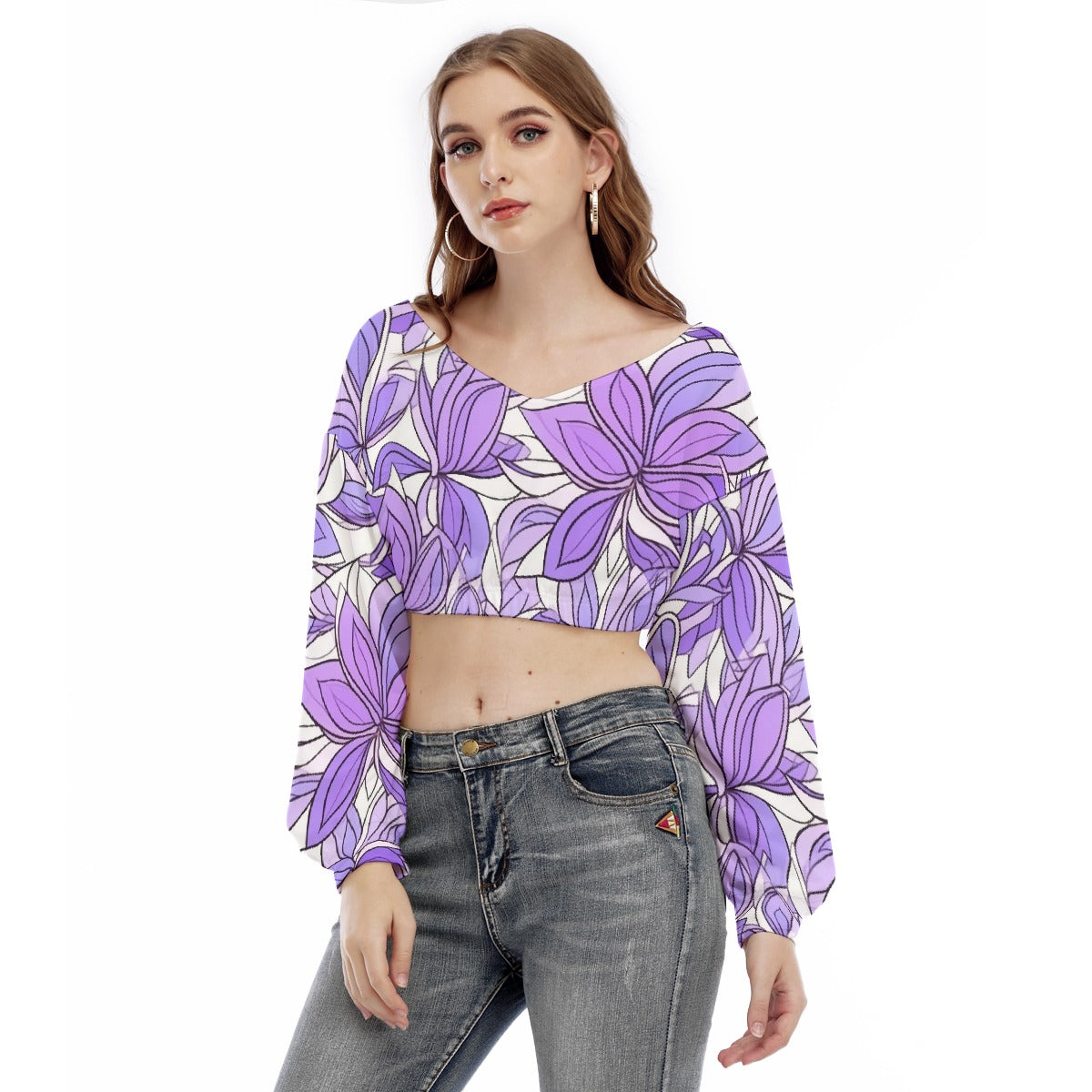 All-Over Print Women's V-neck Long Sleeve Cropped Sweatshirt
