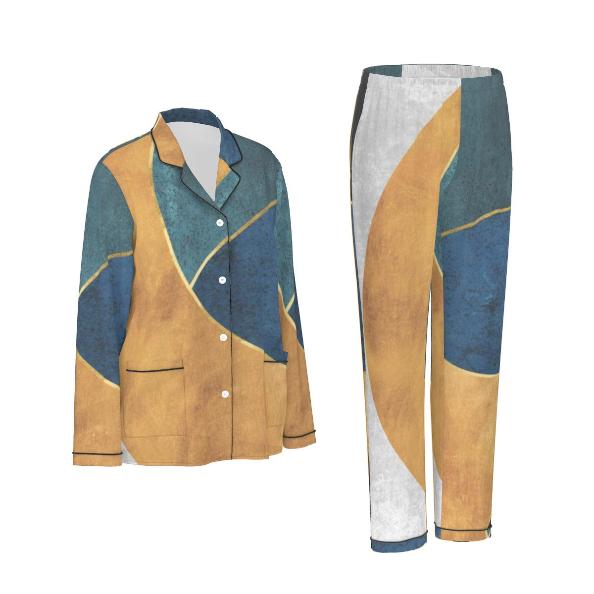 All-Over Print Women's Long Sleeve Pajama Set With Black Contrast Piping