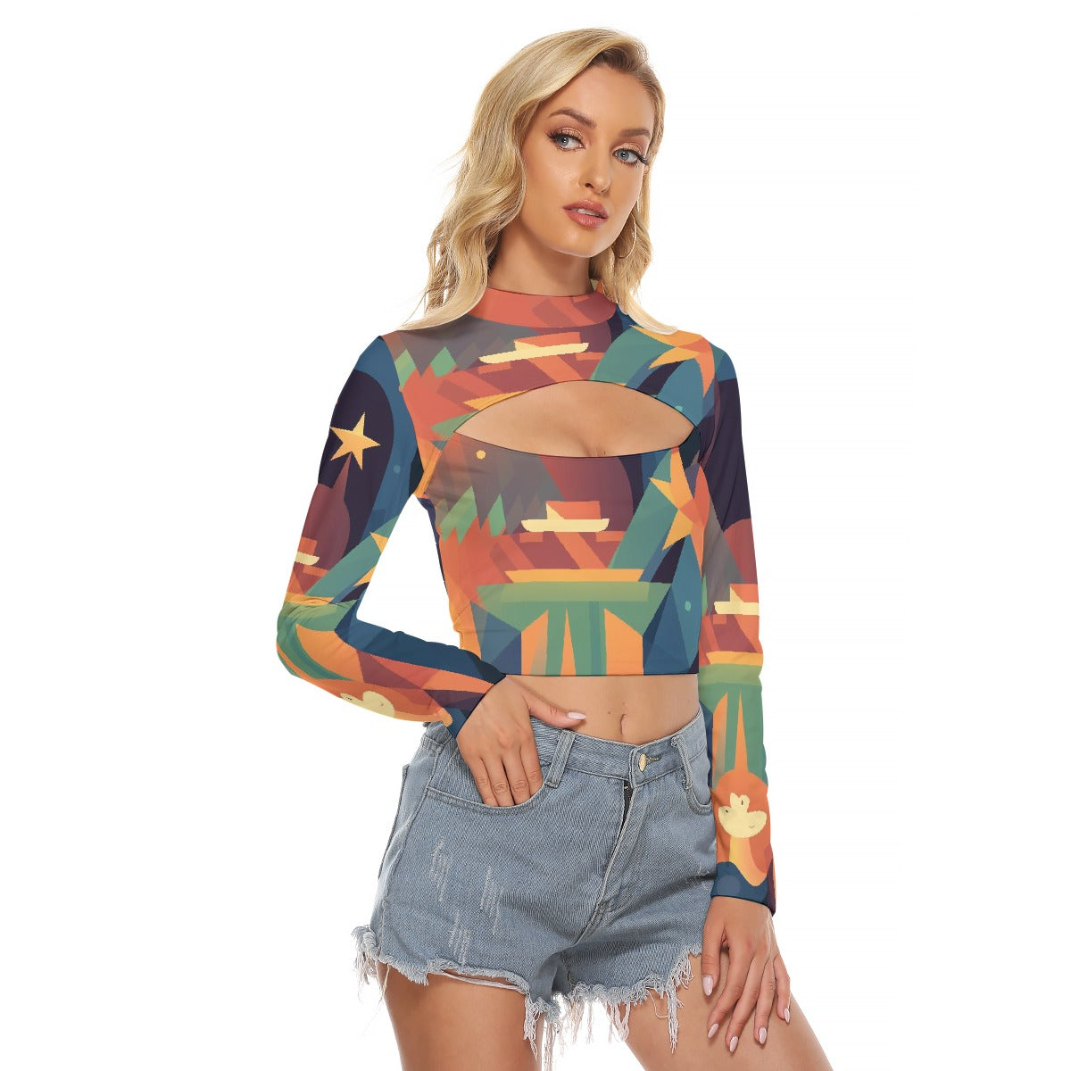 All-Over Print Women's Hollow Chest Keyhole Tight Crop Top
