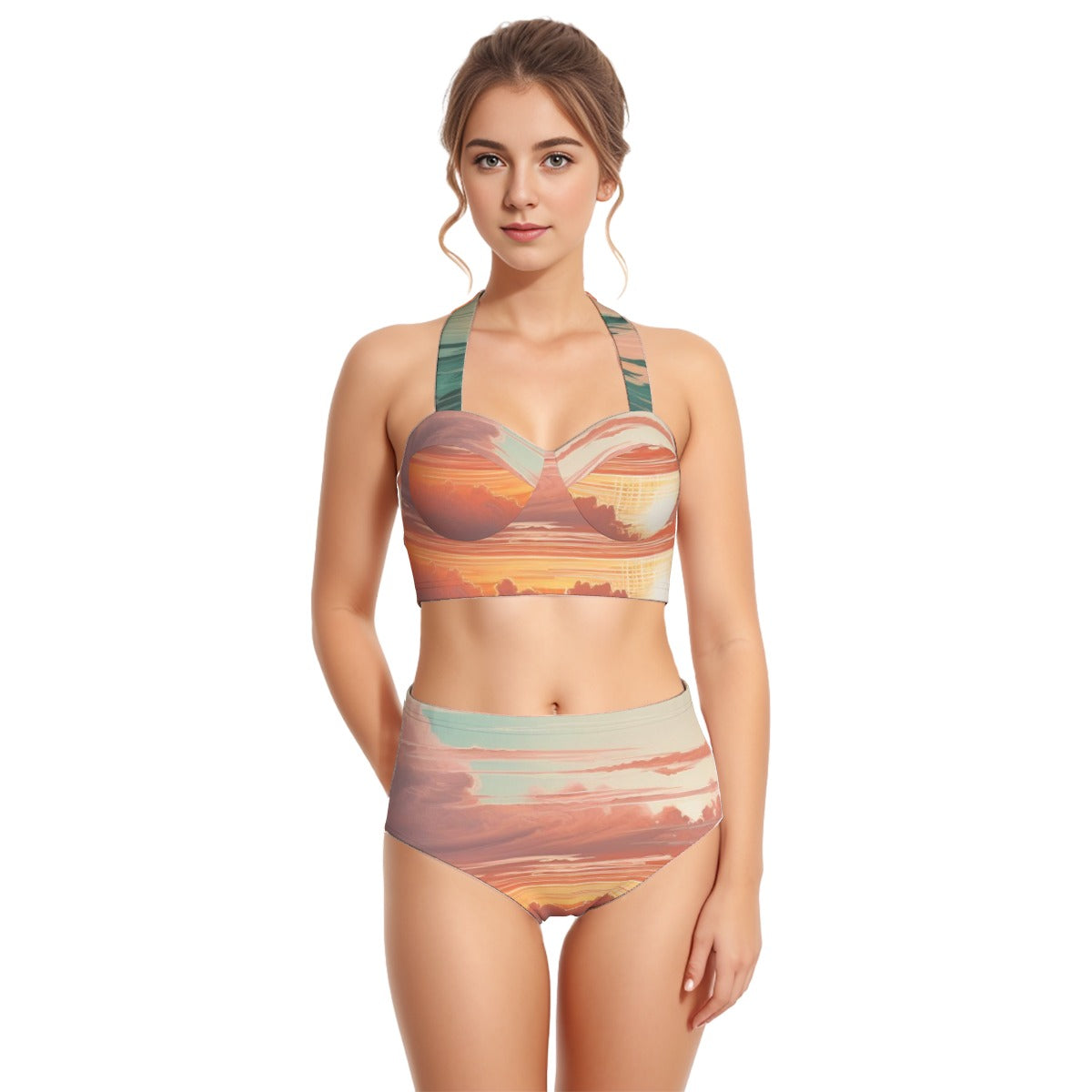 All-Over Print Women's Swimsuit Set With Halter