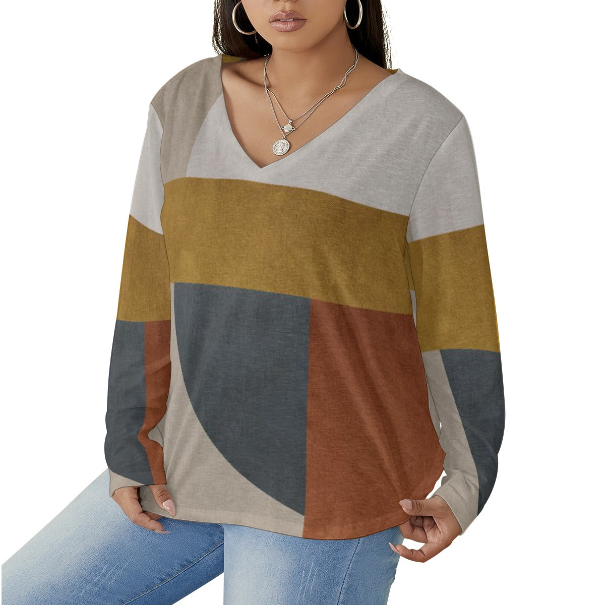 All-Over Print Women's V-neck T-shirt With Curved Hem(Plus Size)