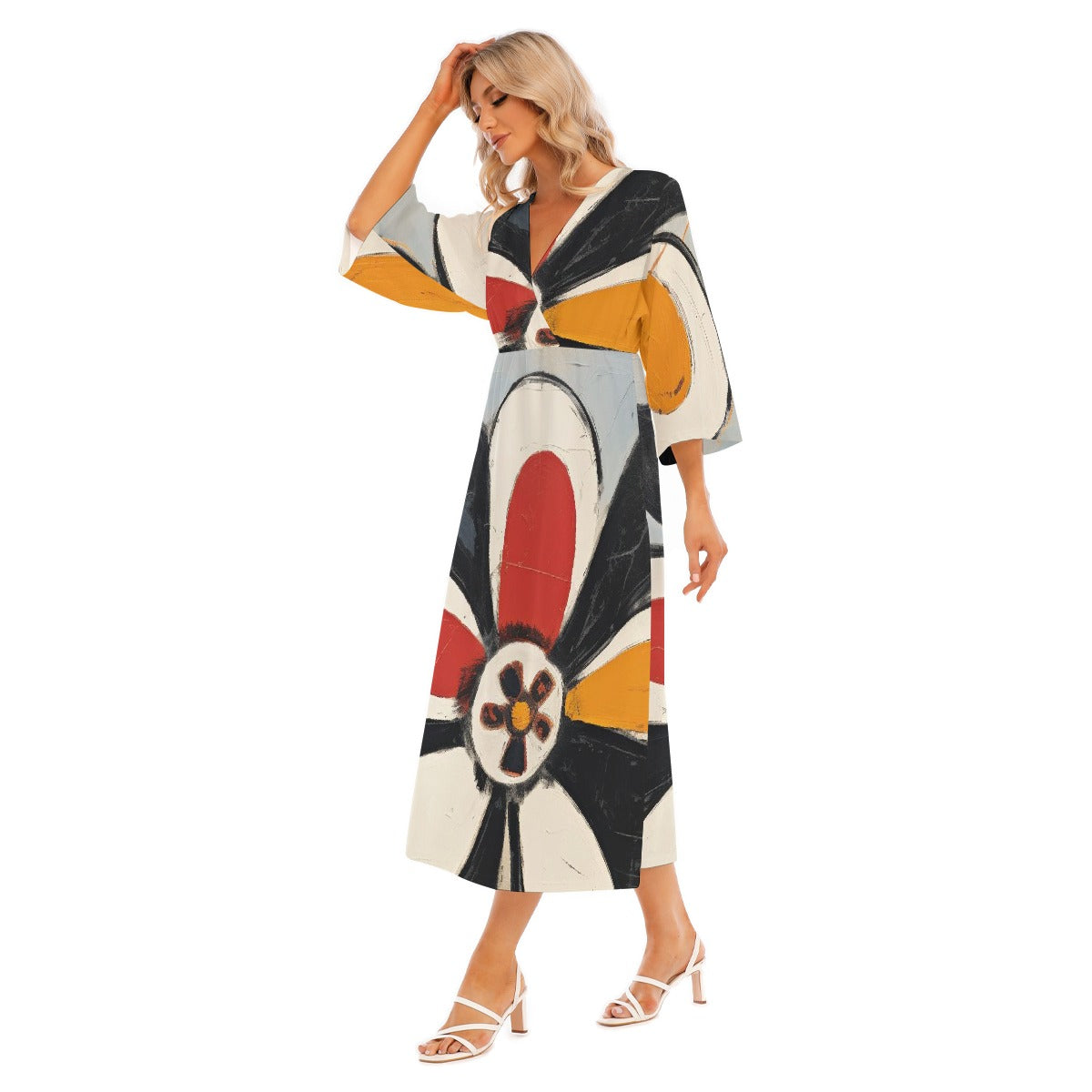 All-Over Print Women's Mid-Sleeve Long Dress