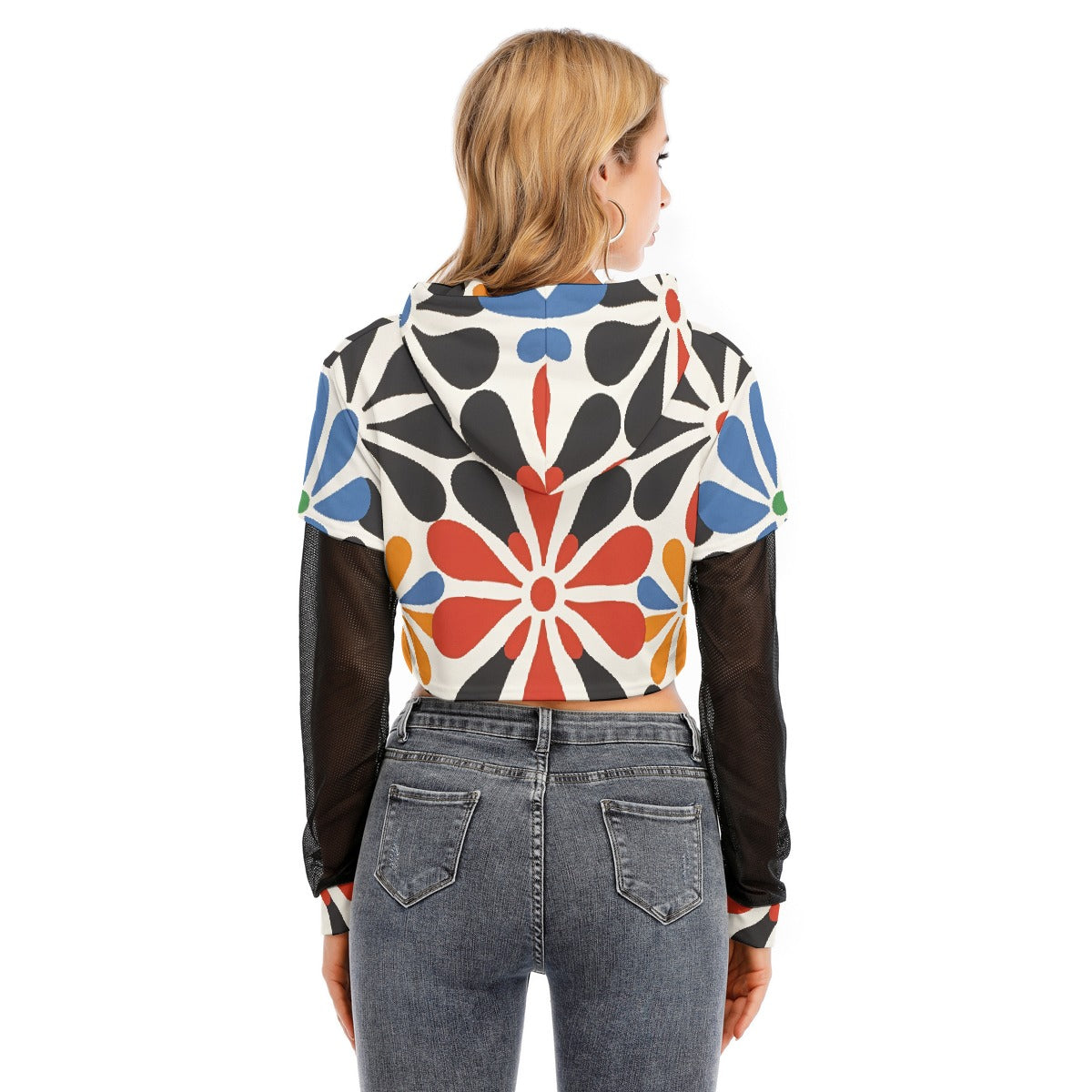All-Over Print Women's Fake Two-piece Mesh Sleeve Cropped Hoodie