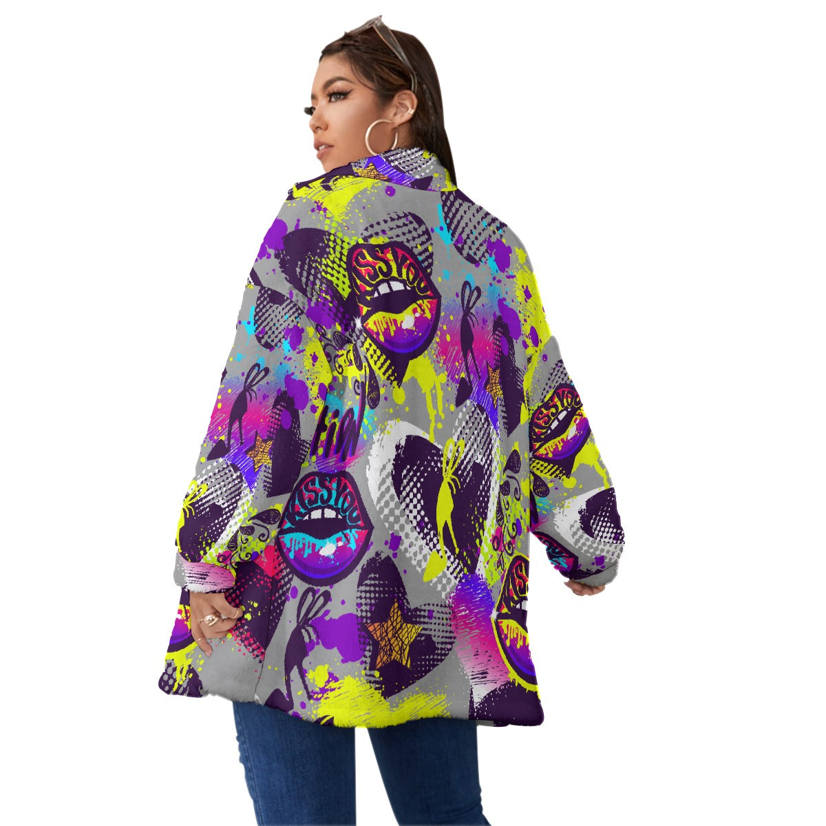 All-Over Print Unisex Borg Fleece Stand-up Collar Coat With Zipper Closure(Plus Size)