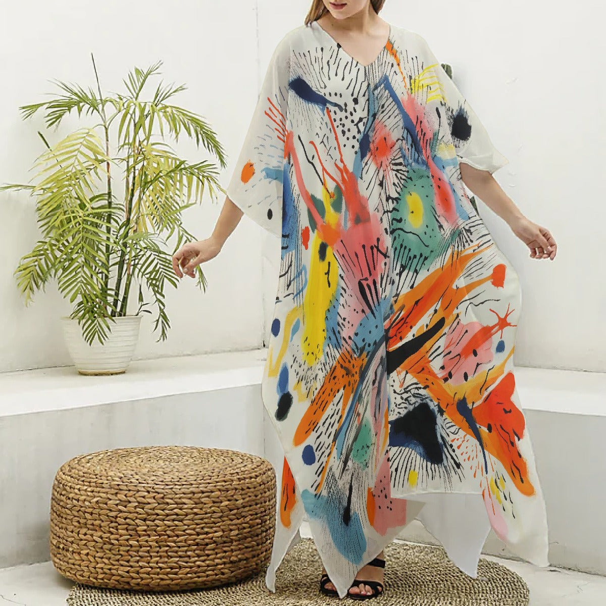 All-Over Print Women's Imitation Silk V-neck Kaftan Robe