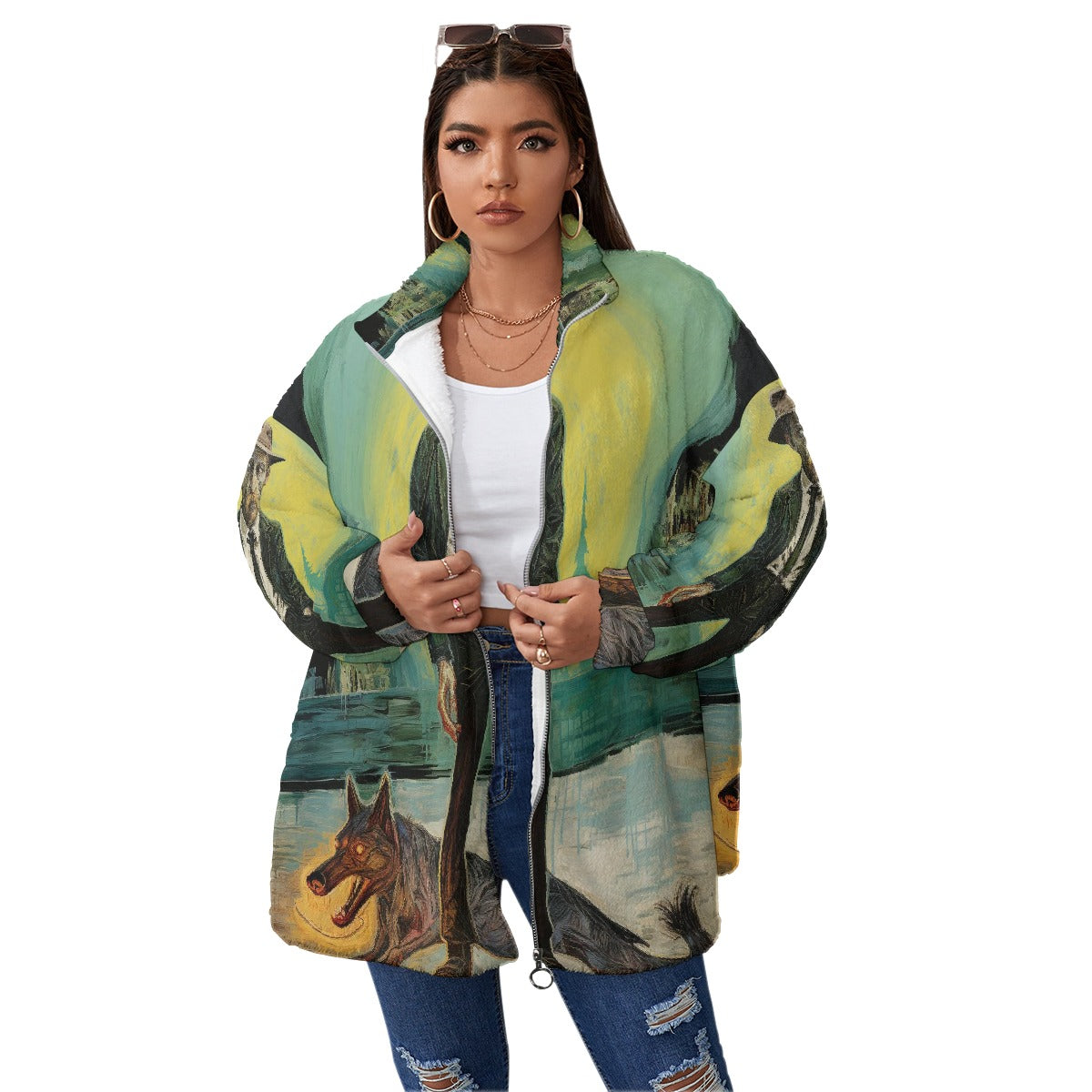 All-Over Print Unisex Borg Fleece Stand-up Collar Coat With Zipper Closure(Plus Size)