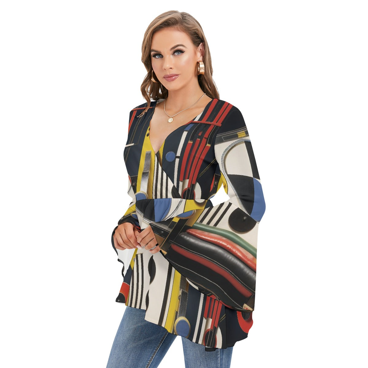 All-Over Print Women's V-neck Blouse With Flared Sleeves