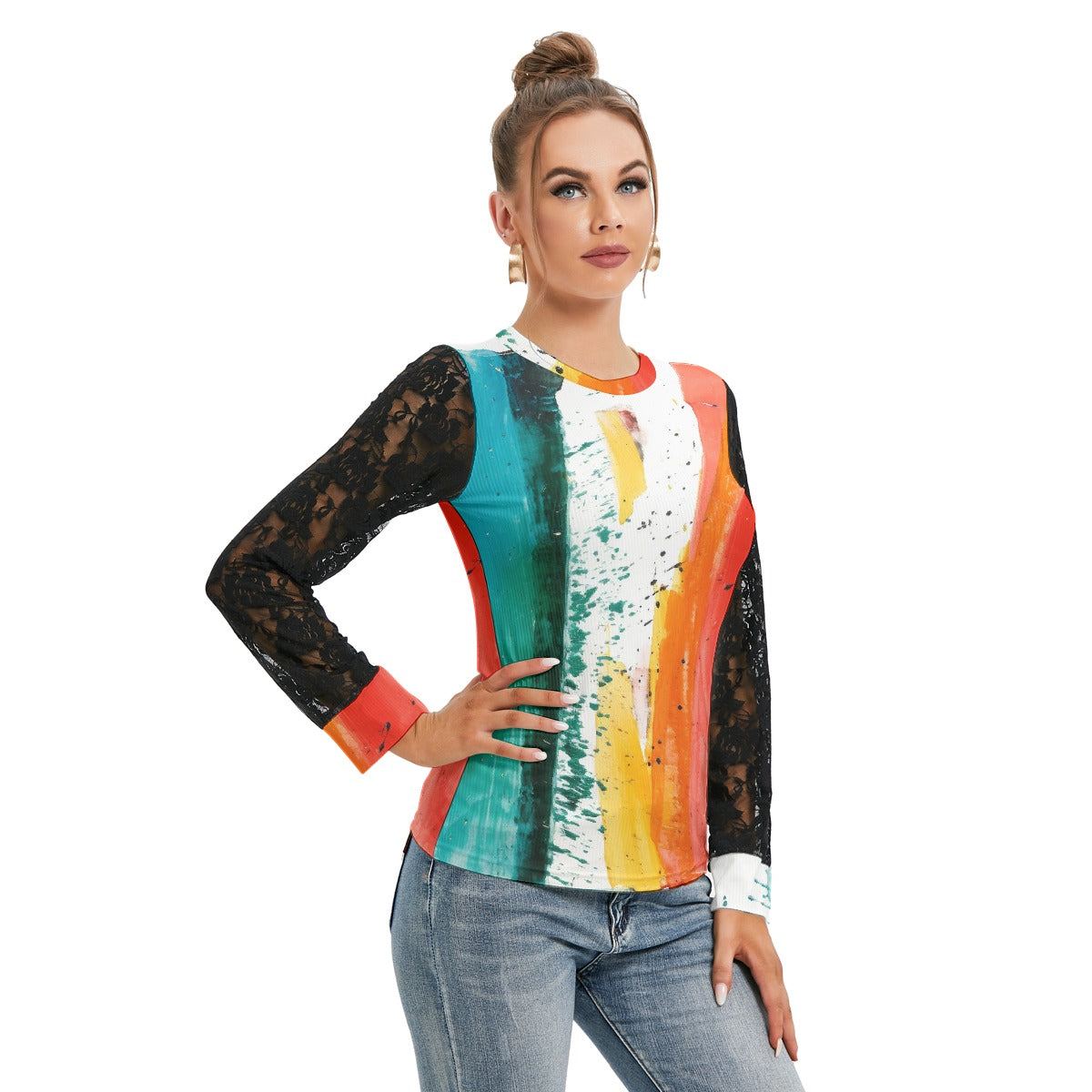All-Over Print Women's T-shirt And Sleeve With Black Lace