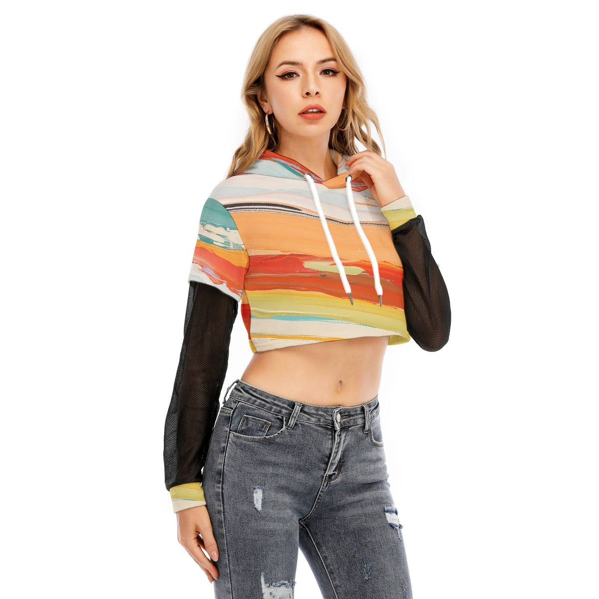All-Over Print Women's Fake Two-piece Mesh Sleeve Cropped Hoodie