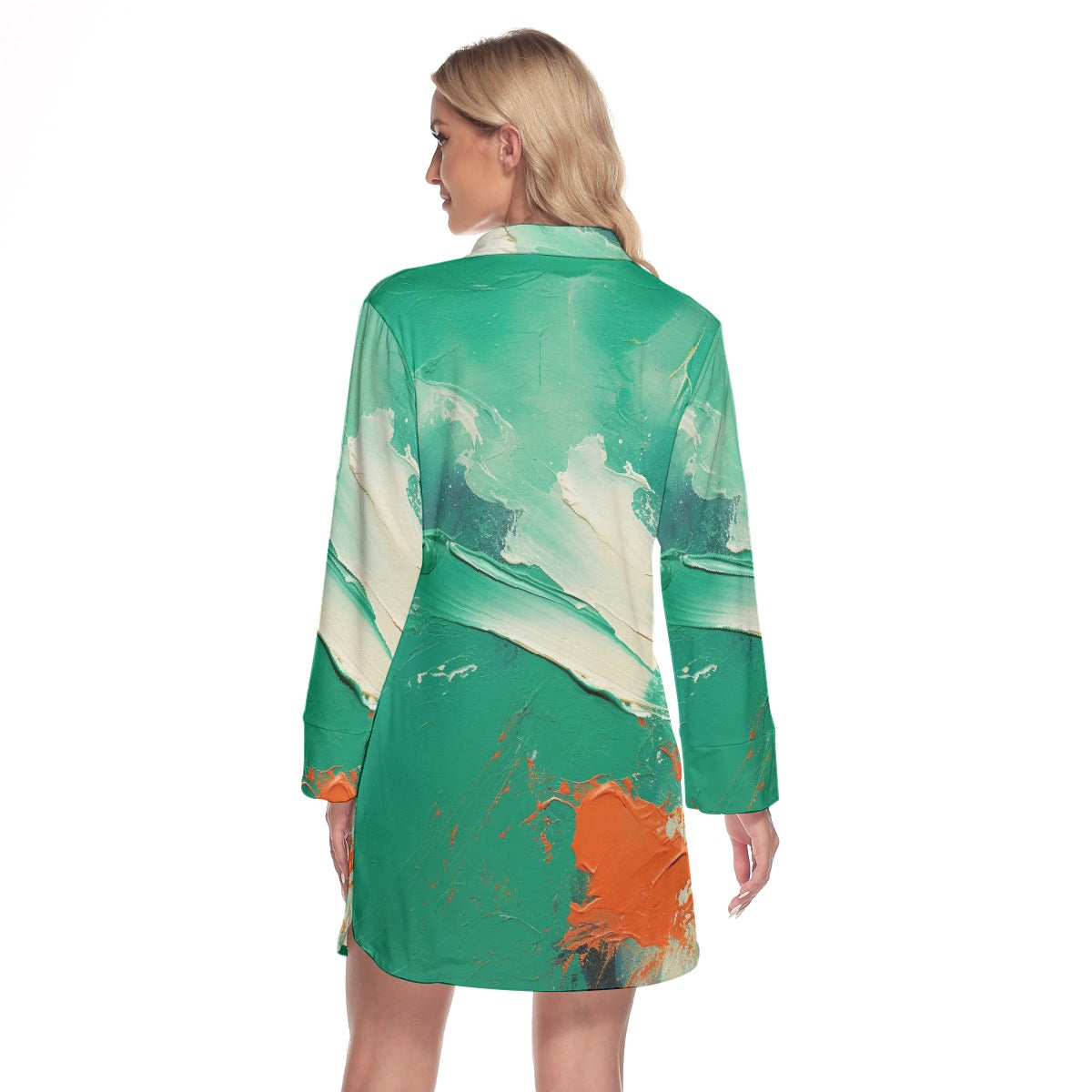 All-Over Print Women's Lapel Shirt Dress With Long Sleeve