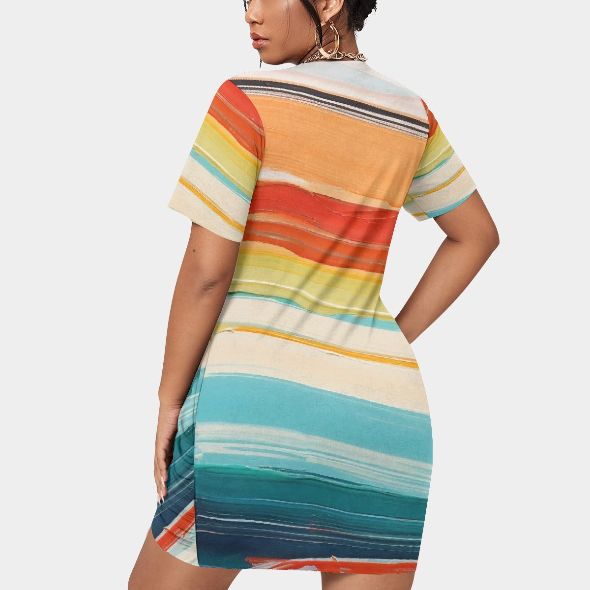 All-Over Print Women’s Stacked Hem Dress With Short Sleeve（Plus Size）