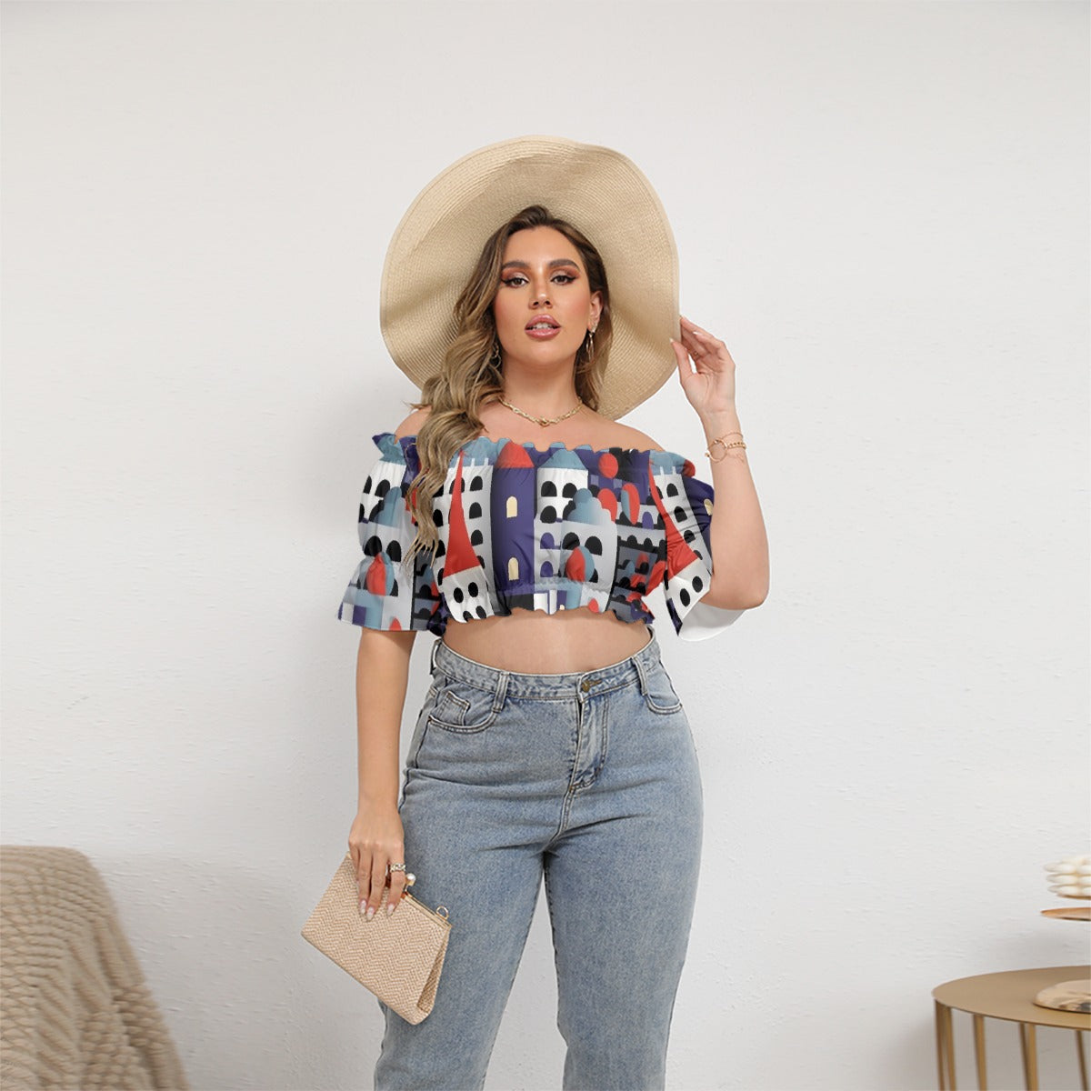 All-Over Print Women's Off-shoulder Cropped Top With Short Puff Sleeve