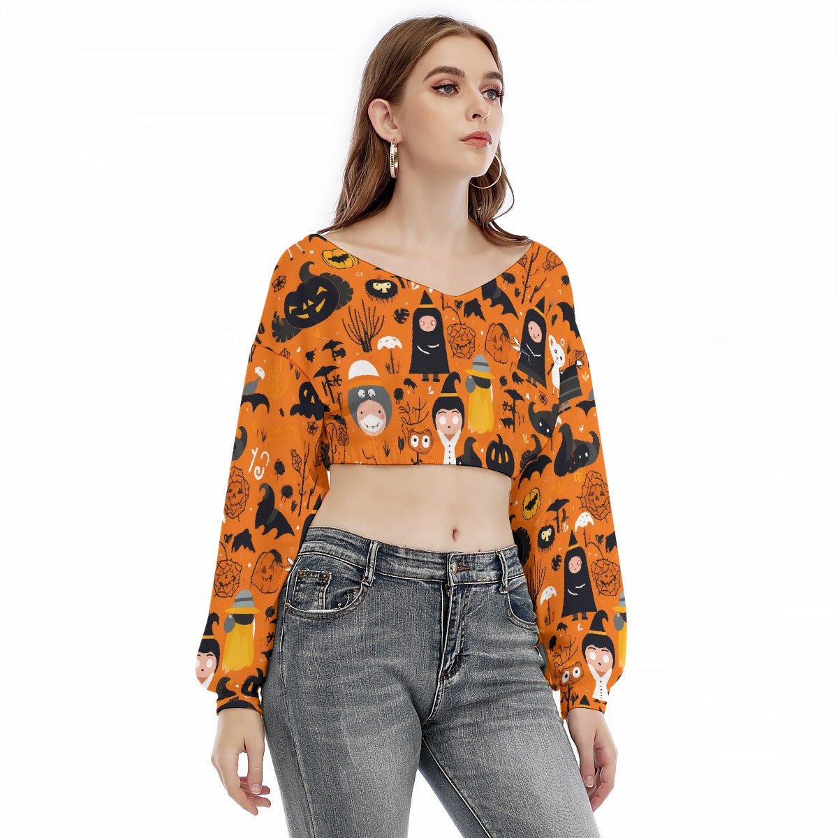 All-Over Print Women's V-neck Long Sleeve Cropped Sweatshirt