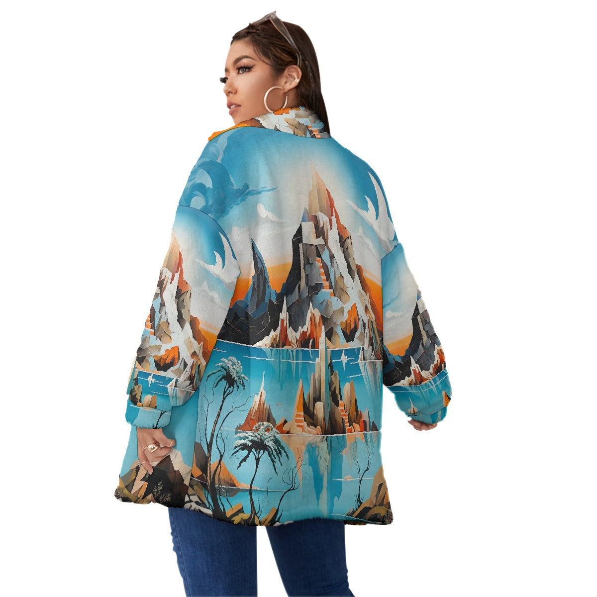 All-Over Print Unisex Borg Fleece Stand-up Collar Coat With Zipper Closure(Plus Size)