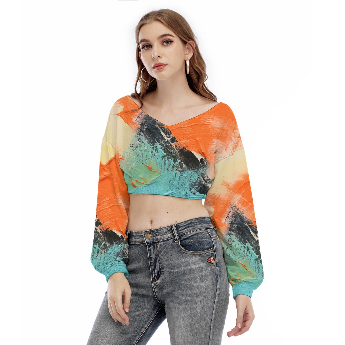 All-Over Print Women's V-neck Long Sleeve Cropped Sweatshirt