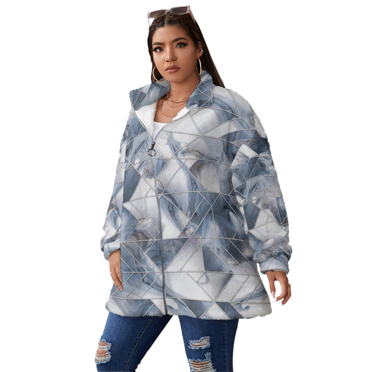 All-Over Print Unisex Borg Fleece Stand-up Collar Coat With Zipper Closure(Plus Size)