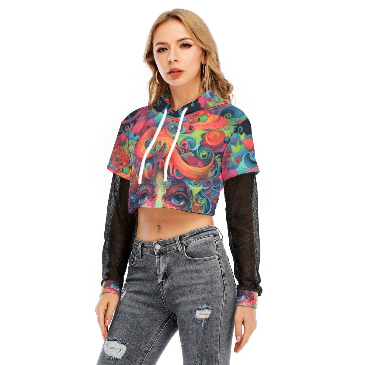 All-Over Print Women's Fake Two-piece Mesh Sleeve Cropped Hoodie