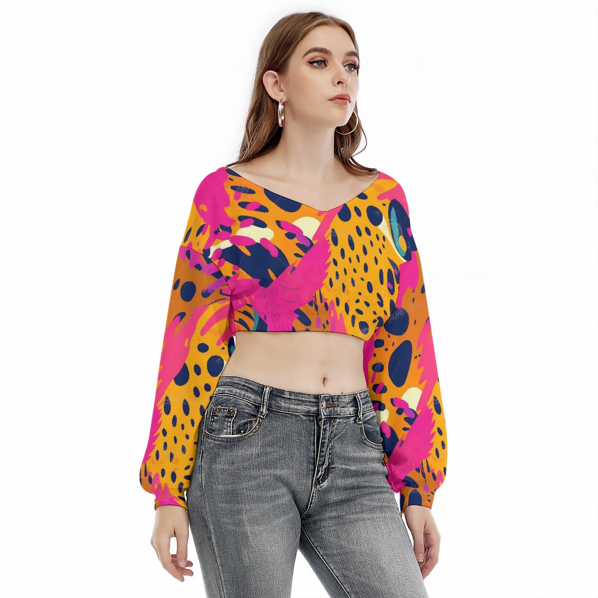 All-Over Print Women's V-neck Long Sleeve Cropped Sweatshirt