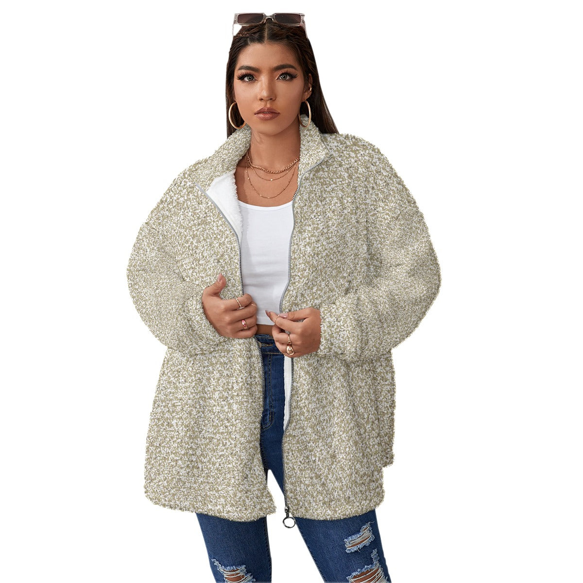 All-Over Print Unisex Borg Fleece Stand-up Collar Coat With Zipper Closure(Plus Size)