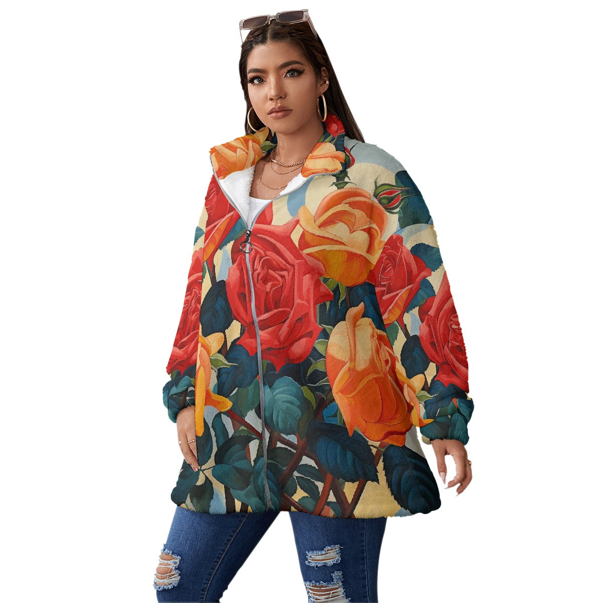 All-Over Print Unisex Borg Fleece Stand-up Collar Coat With Zipper Closure(Plus Size)