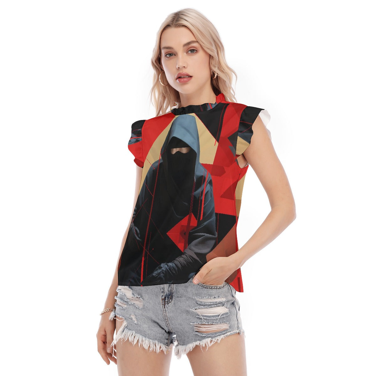 All-Over Print Women's Blouse With Ruffle Collar And Sleeve