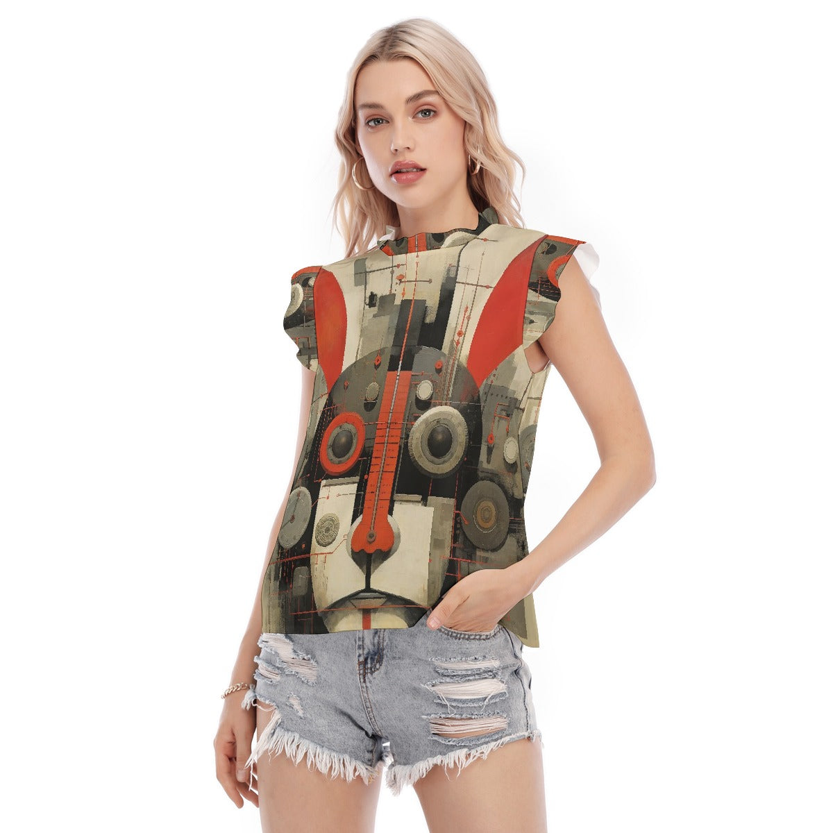 All-Over Print Women's Blouse With Ruffle Collar And Sleeve