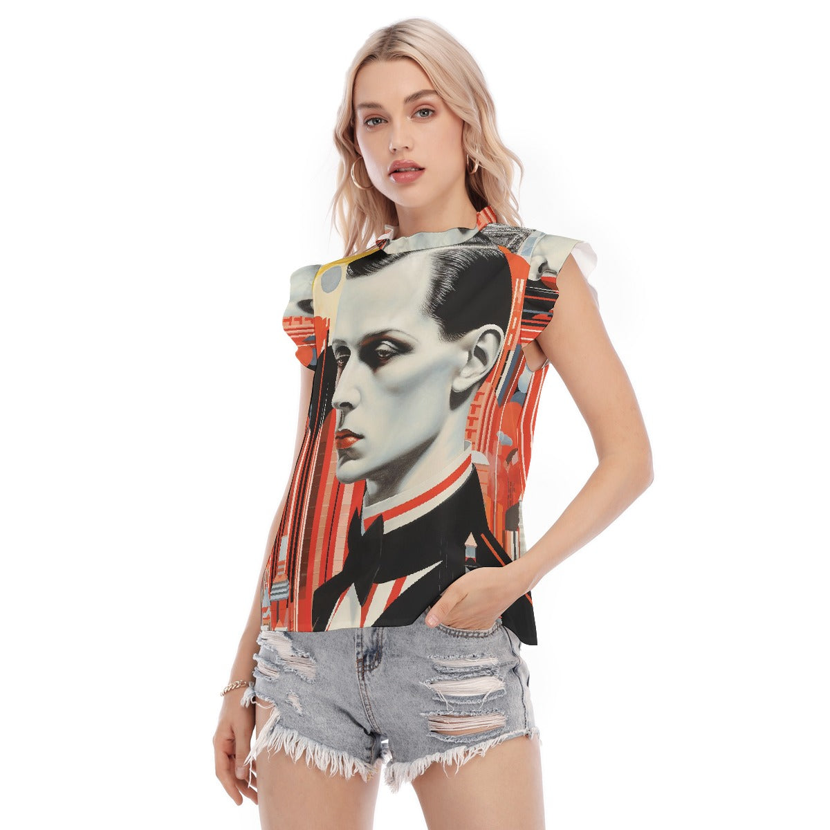 All-Over Print Women's Blouse With Ruffle Collar And Sleeve