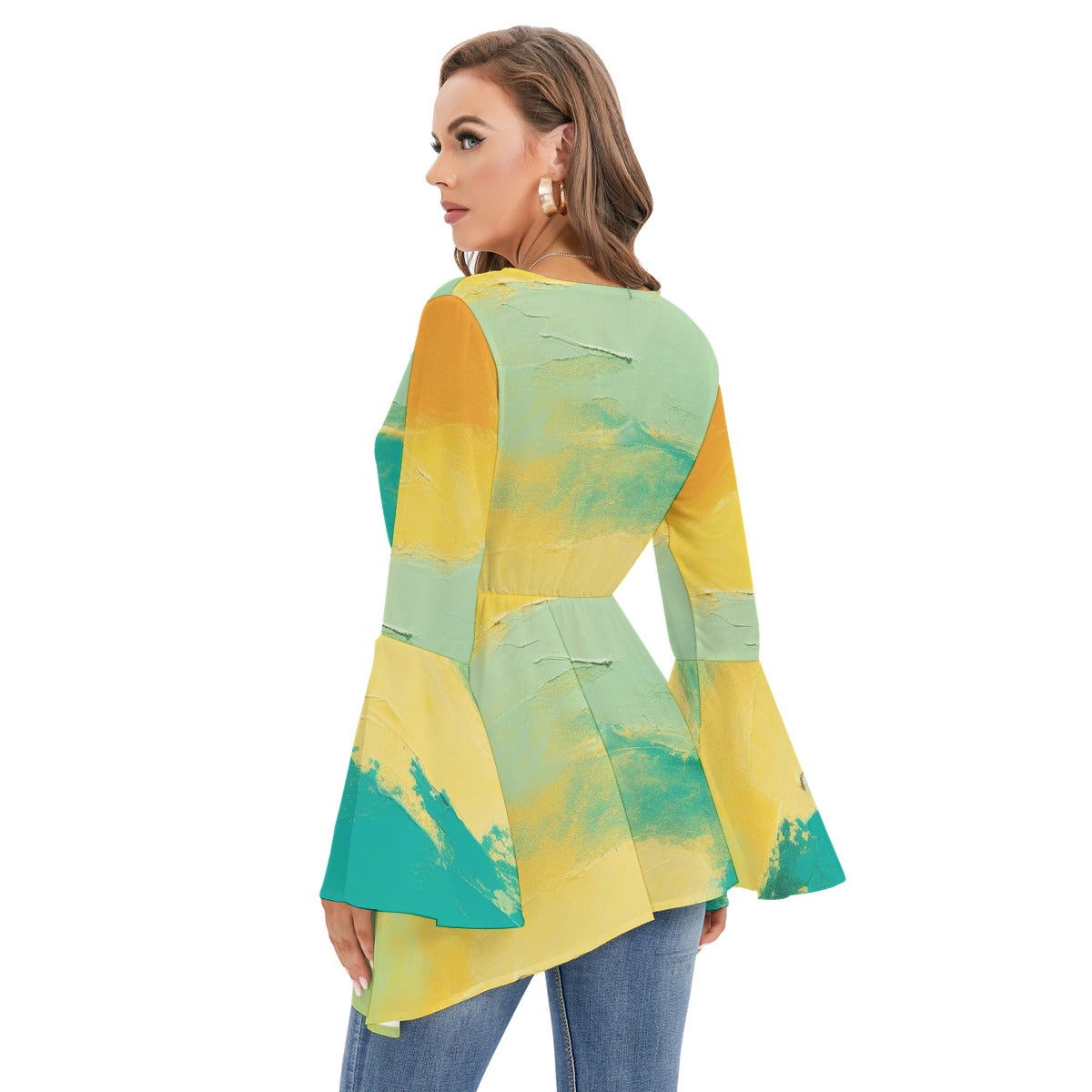 All-Over Print Women's V-neck Blouse With Flared Sleeves