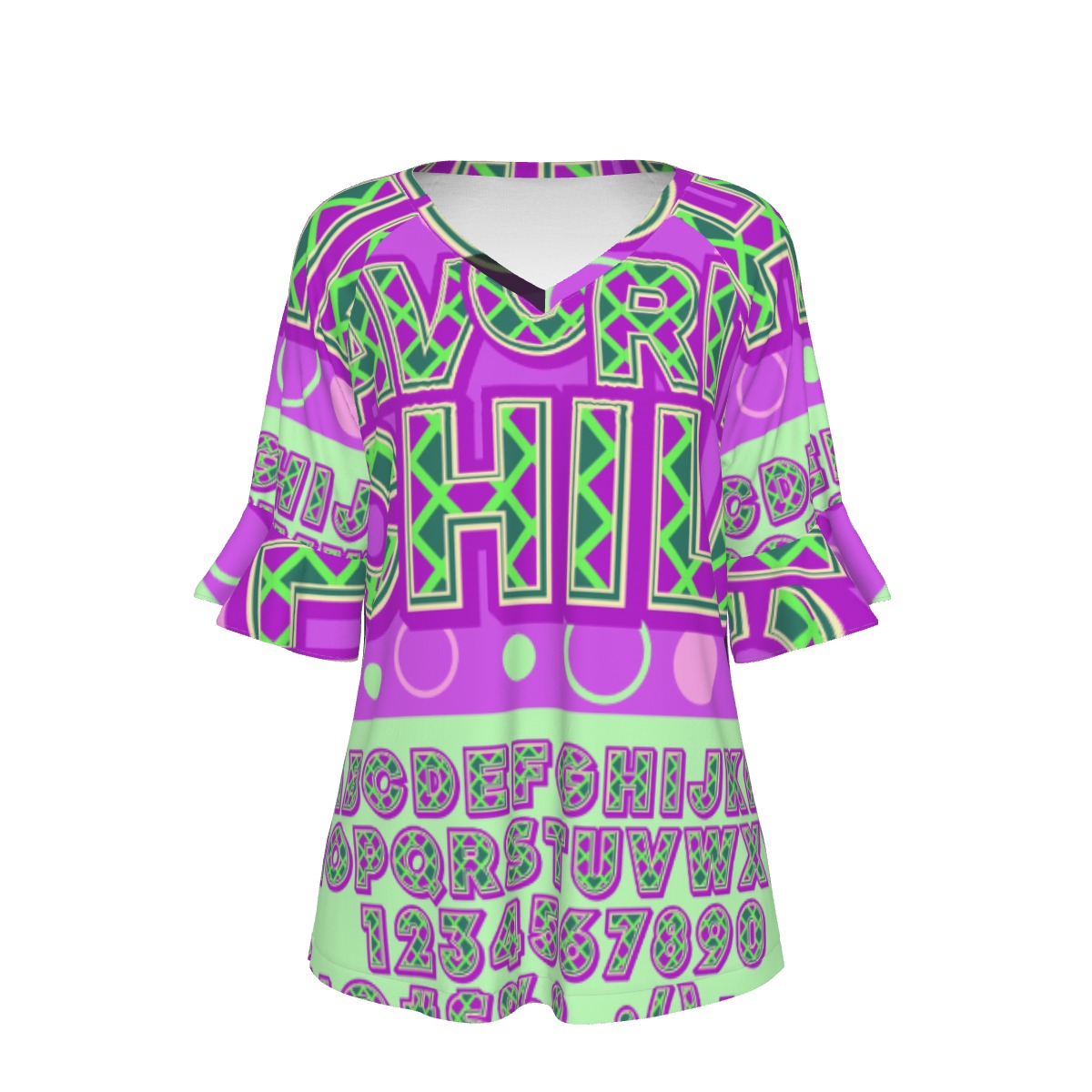 All-Over Print V-neck Women's T-shirt With Bell Sleeve