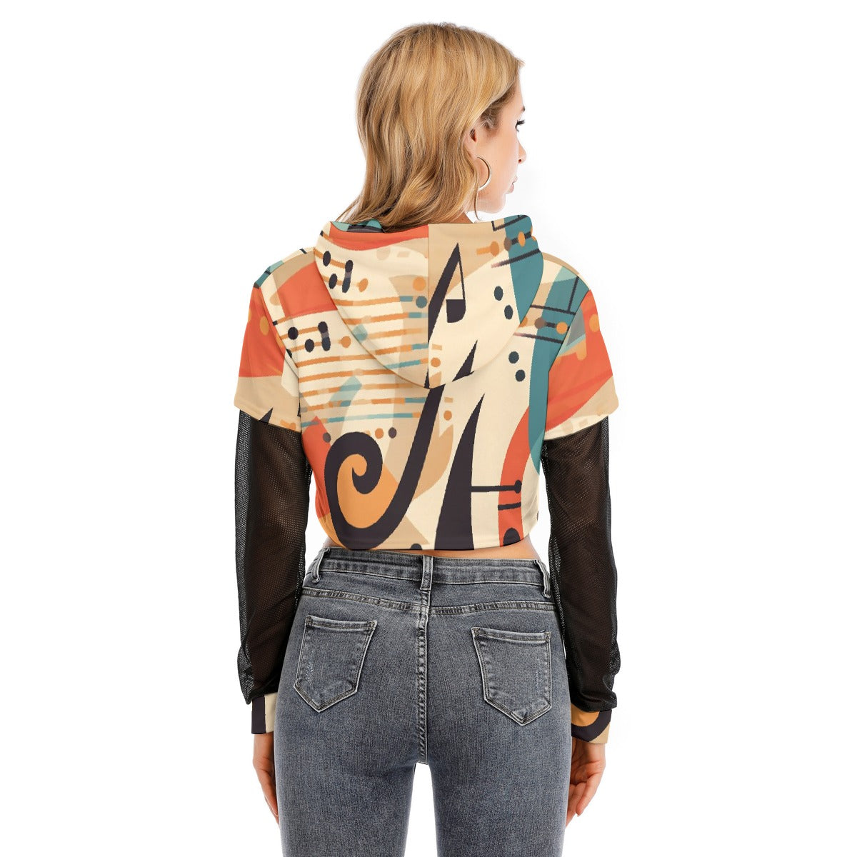All-Over Print Women's Fake Two-piece Mesh Sleeve Cropped Hoodie
