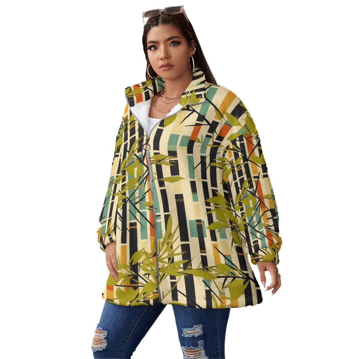 All-Over Print Unisex Borg Fleece Stand-up Collar Coat With Zipper Closure(Plus Size)