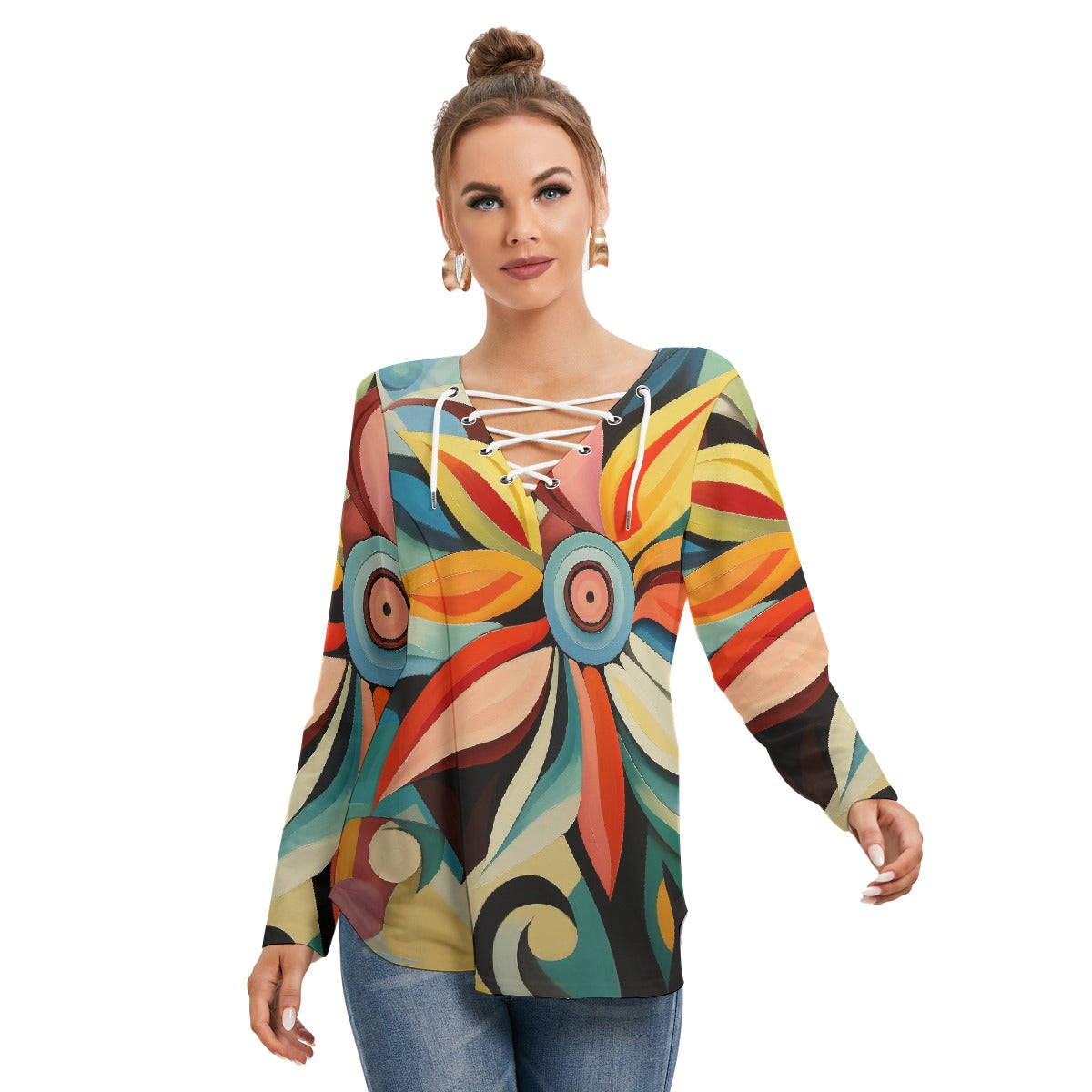 All-Over Print Women's Long Sleeve Neckline Tie Sweatshirt