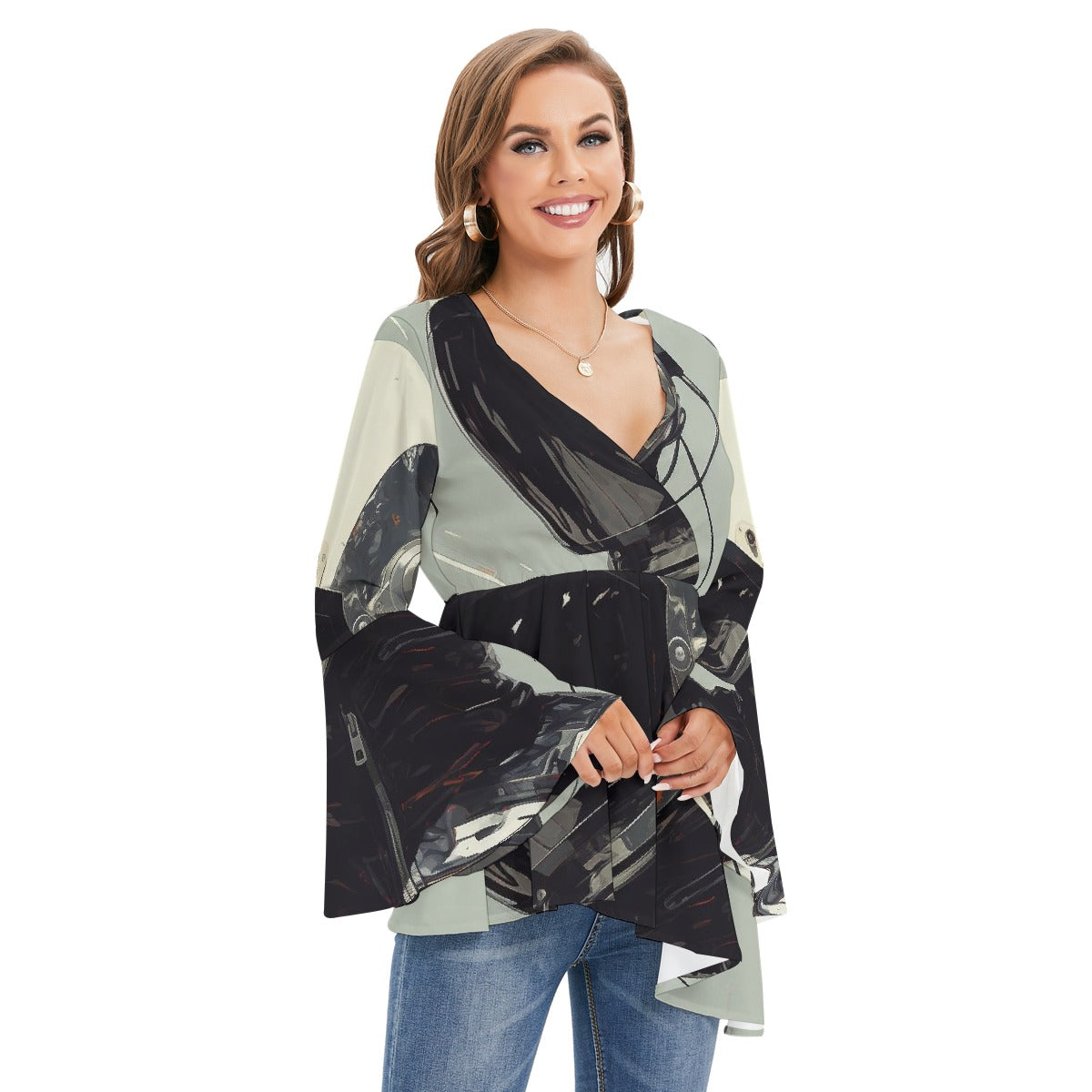 All-Over Print Women's V-neck Blouse With Flared Sleeves