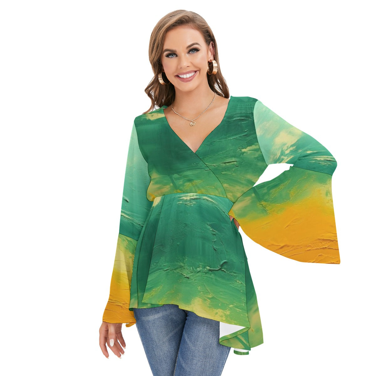 All-Over Print Women's V-neck Blouse With Flared Sleeves