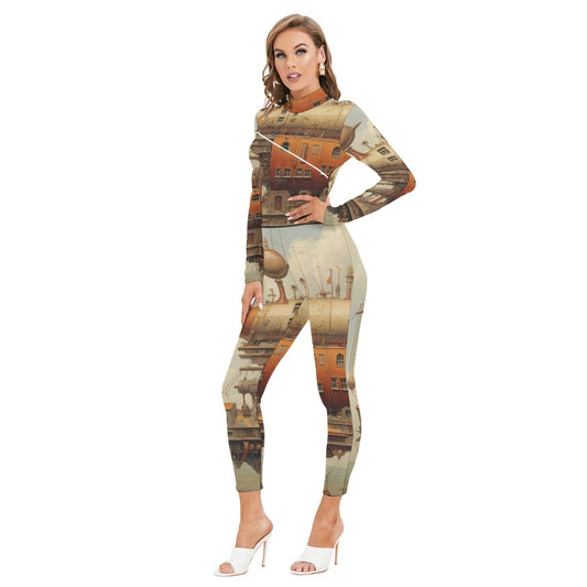 All-Over Print Women's Long-sleeved High-neck Jumpsuit With Zipper