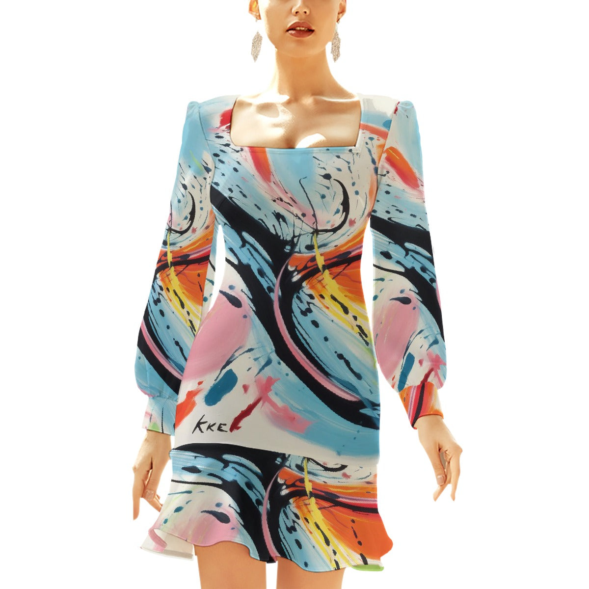 All-Over Print Women's Ruffle Hem Skinny Dress