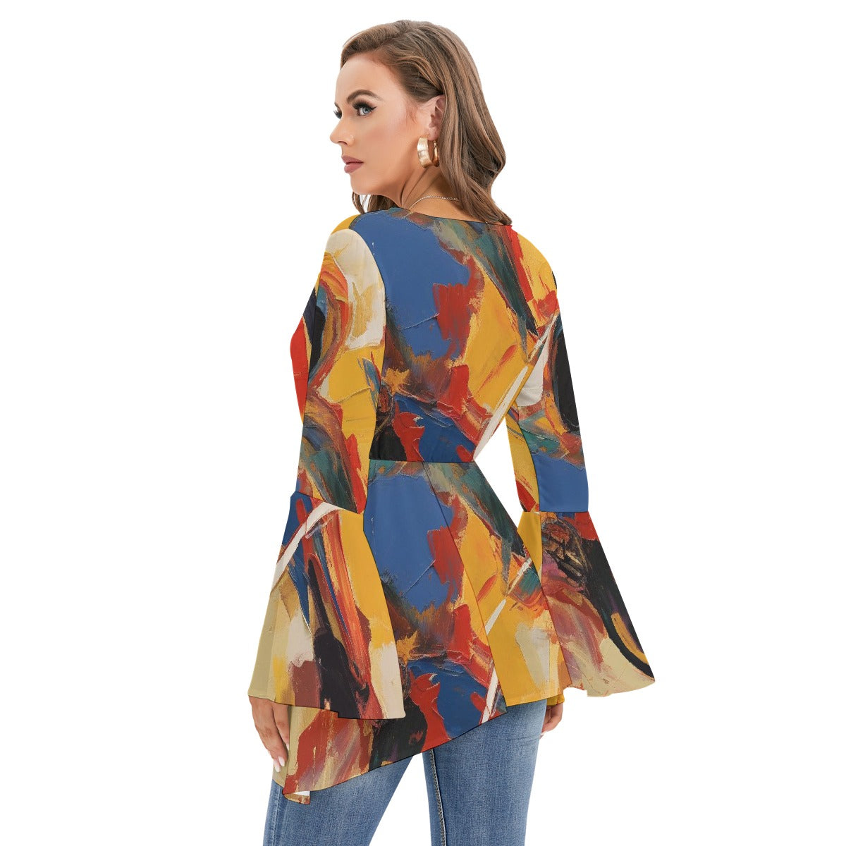 All-Over Print Women's V-neck Blouse With Flared Sleeves
